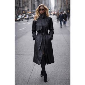 90s VTG British Mist Black Trench Coat Womens 8P Long Belted Rain Coat Chic